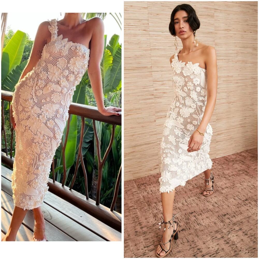 Ulla Johnson Sydel Ivory Floral Crochet One Shoulder Midi Dress P/S